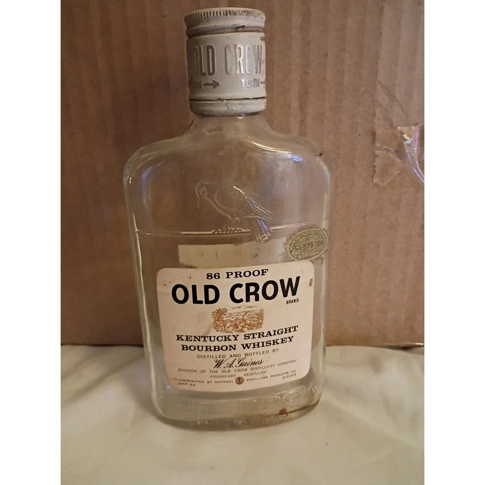 Vintage Old Crow Kentucky Bourbon Whiskey Half Pint Glass Bottle 6.5in 1965